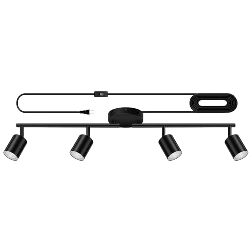 Plug in Track Lighting, LED Track Lighting Fixtures Ceiling, Black 4-Light Kitchen Light Kit, Plug in Wall Light with 14.8ft Power Cord, Rotatable Ceiling Spotlight for Bedroom(GU10 Socket, NO Bulb)