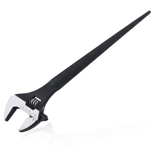 8-Inch Adjustable Spud Wrench Black Oxide Construction Wrench with SAE and Metric Scale Marked for Up to 30mm Nuts and Bolts, Alignment Holes and Tail Crowbar Features