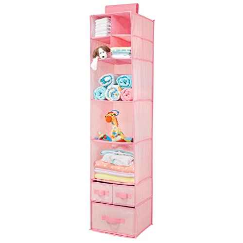 mDesign Fabric Hanging Organizer - Over Closet Rod Storage with 7 Shelves and 3 Removable Drawers for Baby Nursery or Bedroom Organization - Holds Clothes, Linens, Toys, Accessories - Pink Herringbone