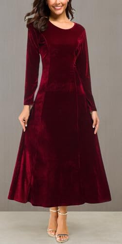 Urban CoCo Women's Elegant Long Sleeve Ruched Velvet Stretchy Long Dress (2XL, Wine red)