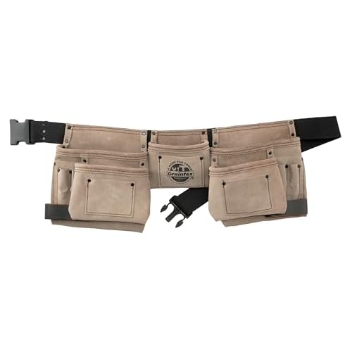 Graintex DS2016 11 Pocket Beige Color Suede Leather Tool Belt/Tool Bag/Work Apron, 2 Hammer Loops, Adjustable Belt | Construction, Carpenter, Roofing, Drywall, Electrician, Gardening, DIY