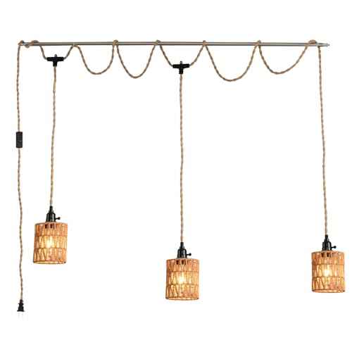 3-Light Hanging Light with Plug in Cord,Plug in Pendant Light 22ft Hemp Rope Pendant Lighting Vintage 3-Light Hanging Lamp Fixtures for Kitchen Island Living Room Bedroom