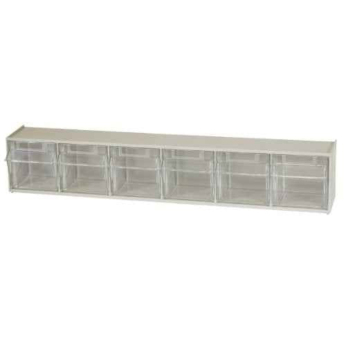 Akro-Mils TiltView Plastic Storage Cabinet with 6 Tilt Out Bins, Horizontal Plastic Parts Organizer, Teacher Toolbox, and Office Supply Organizer, 23-5/8" W x 3-1/2" H x 3-3/4" D, Stone