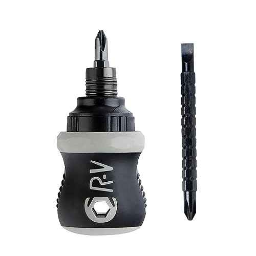 Buspoll Ratcheting Stubby Screwdriver - Adjustable Length, Reversible Dual End, Magnetic Tip - Compact, Portable, Pocket Size.