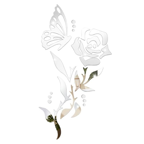 1 Set 3D Rose Mirror Wall Stickers, Acrylic Adhesive Removable Silver Wall Decor, Family Floral Art Mirror Decals Peel and Stick for Bathroom Home Living Room TV Background Sofa Backdrop Bedroom