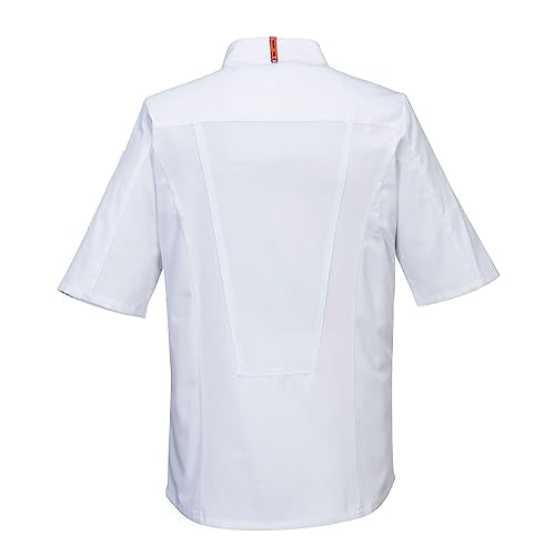 Portwest C738 Men's Mesh Air Pro Chef Jacket Short Sleeve Breathable Durable Slim Fit Texpel Finish Workwear Apron with Sleeve Pocket Machine Washable, White, XL