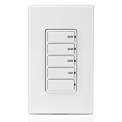 Leviton Countdown Timer Switch for bathroom fan and household lights, 5-10-15-30 min, No Neutral Required, Single Pole, 15A, 1/2 HP/9.8A Fan/Motor, DT130-1LW, White