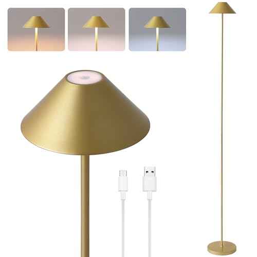 Rechargeable Floor Lamp for Indoor/Outdoor, Cordless Tall Standing Lamp with 3 Color Temps & Dimmable, IP43 Waterproof, Adjustable Height 16-59 Inch, LED Floor Lamp for Living Room, Patio(Gold)