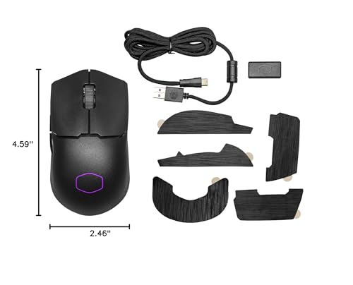 Cooler Master MM712 Wireless Gaming Mouse Black with Adjustable 19,000 DPI, 2.4GHz and Bluetooth , Ultraweave Cable, PTFE Feet, RGB Lighting and MasterPlus+ Software