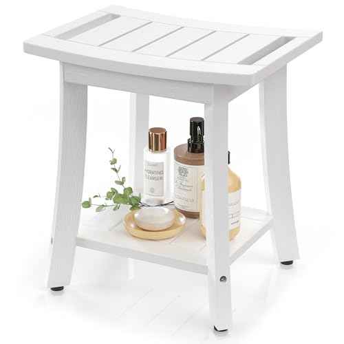 HIPS Shower Benches for Inside Shower, Waterproof Shower Stool with Storage Shelf & Adjustable Feet, SPA Bathroom Seat Chair for Shaving Legs, Indoor or Outdoor Use, White