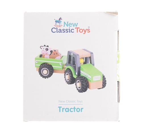 New Classic Toys - Houten speelgoed - Houten tractor met aanhanger, Green