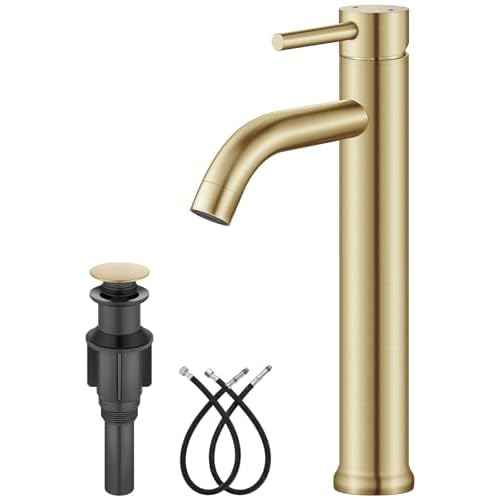 Aolemi Vessel Sink Faucet ? SUS304 Stainless Steel Tall Bathroom Faucet,Single Lever Handle,1 Hole Bathroom Faucets with Supply Lines and Pop Up Drain,Brushed Gold
