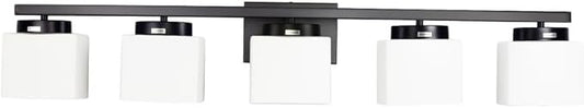 5-Light Matte Black Vanity Light Fixture with White Glass Shade for Bathroom Over Mirror, 40 Inches