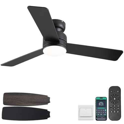 46 inch Modern Ceiling Fans with Lights and Remote/APP Control, Low Profile Flush Mount, Reversible 3 Blades, Double Sided, 6 Speeds, 3CCT, Dimmable LED Lights for Kids Room Bedroom, Black