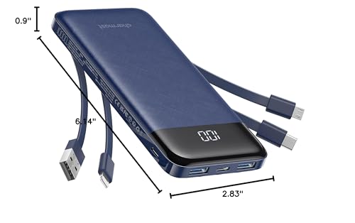 charmast Portable Charger with Built in Cables, Power Bank with Cords Wires, Slim 10000mAh Travel Battery Pack 6 Outputs 3 Inputs 3A Fast Charging for Samsung Google Pixel LG Moto iPhone iPad