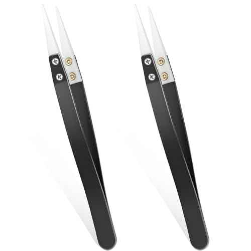 2pcs Ceramic Tweezers Stainless Steel Ceramic Precision Tweezers for Electronics, Non-Conductive Anti Static High Temperature Resistant Fine Point Tweezers for Precision Electrical Operation Black
