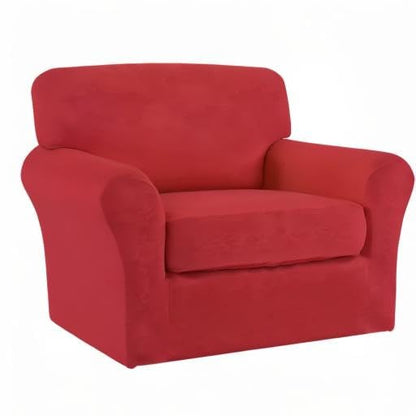 Easy-Going 2 Pieces Microfiber Stretch Chair Slipcover – Spandex Soft Fitted Sofa Couch Cover Washable Furniture Protector with Elastic Bottom Kids Pet Christmas Red
