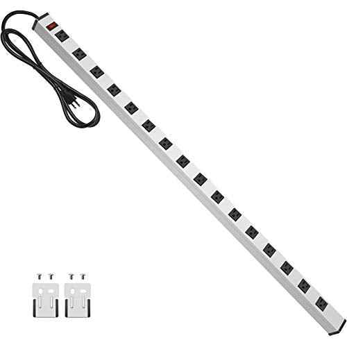 JUNNUJ Long Metal 16 Outlet Power Strip, Wide Spaced Garage Industrial Heavy Duty Power Strip with 15 FT Cord 15A, 125V, 1875W-Silver