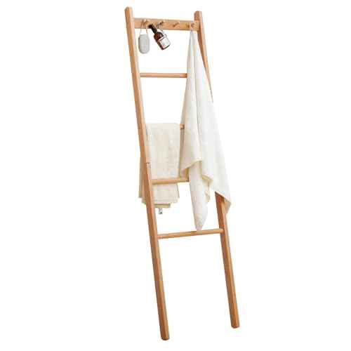 Beech Wood Blanket Ladder, 5.3ft Natural Farmhouse Quilt Holder with Top Hooks, 4-Bar Decorative Throw Rack, Towel Shelf for Living Room, Bedroom, Small Space Storage (Natural)