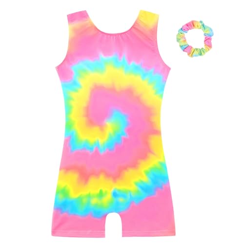 HOZIY Leotards for Girls Gymnastics Size 5-6 Year Old With Shorts Scrunchies Pink Blue Yellow Gold Rainbow Colorful Multicolored Tie Dye Swirl Liquid Biketard Clothes Outfits
