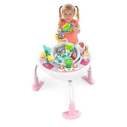 Bright Starts, Bounce Bounce Baby 2-in-1 Activity Center Jumper and Table - Playful Palms with 7 Interactive Toys, Adjustable Height, Storage Bag, 360° Rotation, Ages 6 Months +, Pink