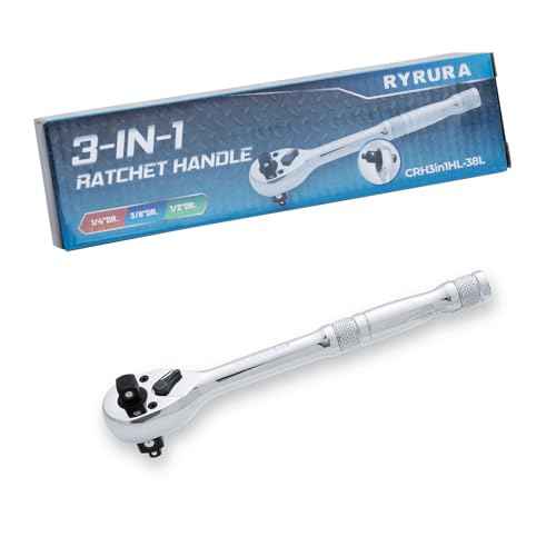 3-IN-1 Ratchet Handle,1/4",3/8",1/2" Drive Ratchet Wrench,72-Tooth Reversible Switch,Full-Polished Chrome Plating,Chromium Vanadium Steel,3/8 Pole
