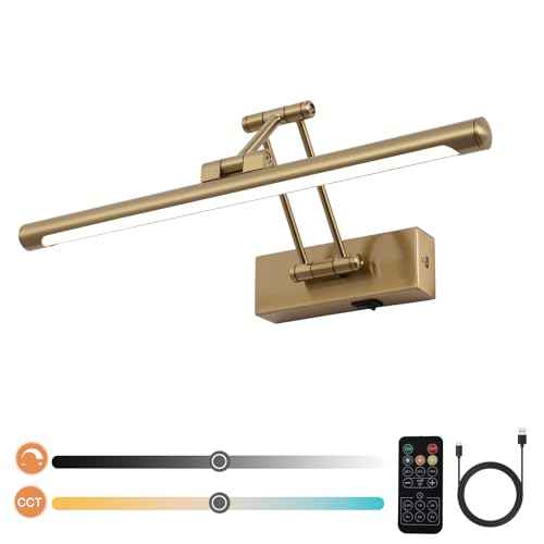Battery Picture Lights for Wall, Rechargeable Gallery Light Wireless Art Display Lights with Dual-Rods Swing Arm Brass Painting Light with Remote & Timer 3CCT Dimmable Wall Sconces for Portrait 16¡±