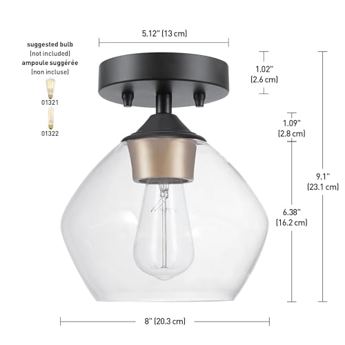 GLOBE Electric Harrow 1-Light Semi-Flush Mount Ceiling Light with a Matte Black Finish, Gold Accent Socket and Clear Glass Shade, Dimmable Option