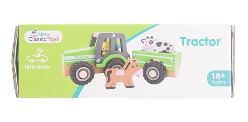 New Classic Toys - Houten speelgoed - Houten tractor met aanhanger, Green