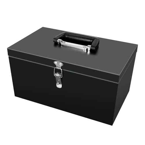 Small Steel Metal Tool Box, Lockable Storage Box for Storing Valuable Items, Office Documents, Garage Tools (12" Black)