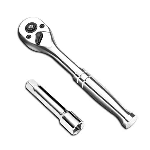 1/4-Inch Drive Ratchet Wrench, 90-Tooth Quick-release Reversible Ratchet Wrench with an Extension Bar(2 inch), 5" Long Socket wrench, 4-Degree Swing, Full Polished,Cr-Mo Head For Gifting,Repairing