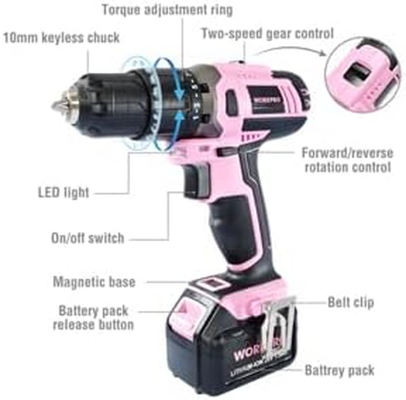 WORKPRO Pink Cordless 20V Lithium-Ion Drill Driver Set | Includes Battery, Charger & Storage Bag