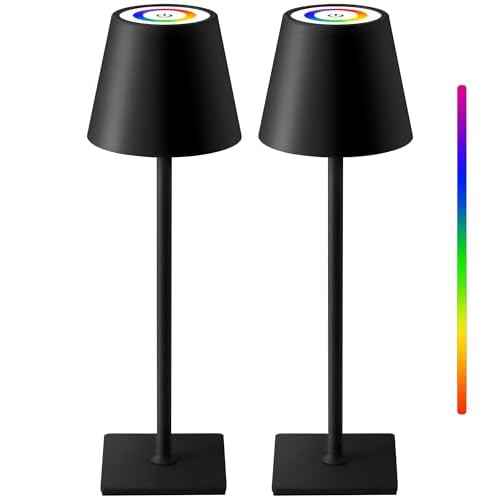 KDG 2 Pack Cordless Table Lamp, RGB Color Stepless Dimming Up, 4000mAh Battery Operated Portable LED Desk Lamp, for Dinning Room, Bedroom, Bar, Outdoor Garden, Camping, Night Light (Black)