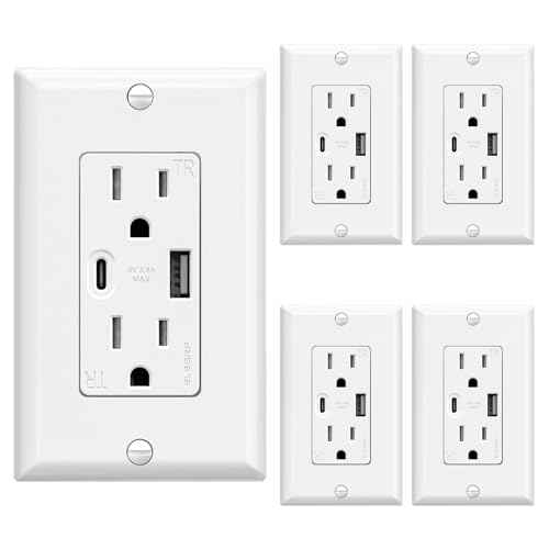 ELEGRP USB Wall Outlets, 15 Amp USB C Wall Outlets Receptacles, Outlets with USB A and USB C Ports, Tamper Resistant Receptacle, Wall Plate Included, UL Listed, 5 Pack, White
