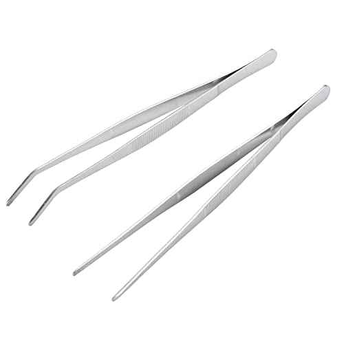 Miupoo Long Handle Stainless Steel Paint Straight and Curved Tweezers Nippers,Extra Long Precision Craft Tweezers Set with Serrated Tips,Silver,2 pieces,9.8Inches