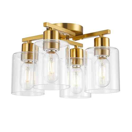 4 Light Semi Flush Mount Ceiling Light Brushed Gold Kitchen Lighting Fixtures Ceiling Brass Hallway Cieling Lights Fixture with Clear Glass Shade for Bedroom Dining Room