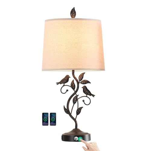 RORIANO 27" Touch Farmhouse Table Lamps for Living Room with 3-Way Dimmable 2 USB Ports, Vintage Rustic Iron Leaf Nightstand Lamp for Bedroom, LED Bulb Included