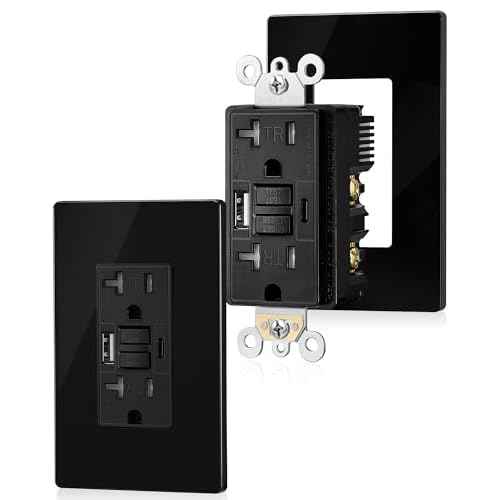 SURAIELEC 20 Amp GFCI Outlet with USB Ports, Self-Test GFCI Combination with USB-C & USB-A, Tamper-Resistant Ground Fault Circuit Interrupter, Screwless Wall Plate Included, ETL Listed, Black, 2-Pack