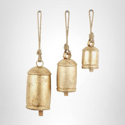 Deco 79 Gold Metal Tibetan Inspired Decorative Giant XL Cow Bells with Jute Hanging Rope, Set of 3 10",8",6"H - Cylindrical