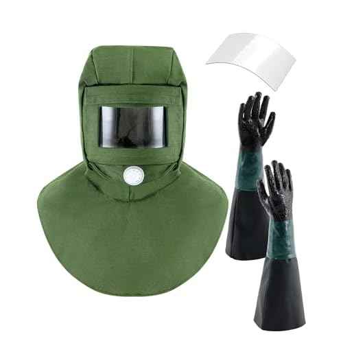 3 Pcs Shawl Cap Sandblasting Mask Set, 1 Sand Blasting Hood Cap 1 Gloves 1 Sandblasting Hood Replacement Lens Glass