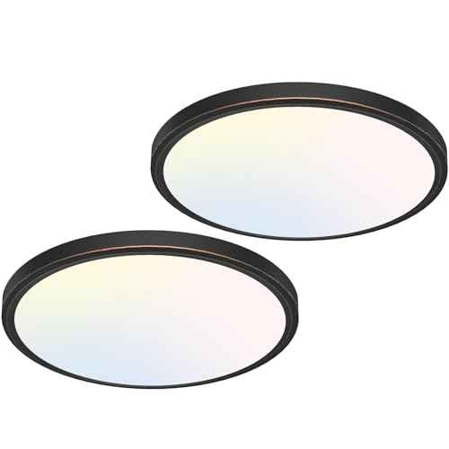 libtit 12 inch Flush Mount LED Ceiling Light Fixture, 3000K 4000K 6500K Adjustable, 28W 3200lm Oil Rubbed Bronze Round Lighting Fixtures for Bathroom Shower Hallway Kitchen, 2 Pack