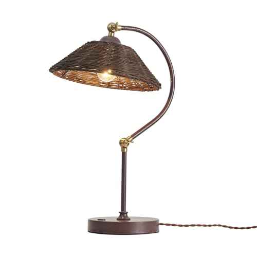 Woven Rattan Bedside Table Lamp for Bedroom, Boho Plug in Handmade Rattan Shade & Anti-Rust Iron Base Desk Lamp, Plug & Play Vintage Dark Brown Nightstand Lamp for Living Room, Office ¡¼Bulb Included¡½