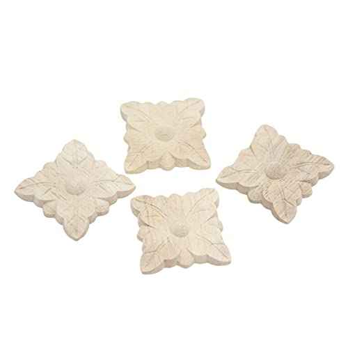 Decorative Wood Appliques 4 Pack Wood Carved Applique Onlay for Furniture Decor Leaf Style Decal Unpainted be Attached to Home Corner Frame,Cabinets, Windows, Mirrors, Doors, Bed,1.97x1.97inch