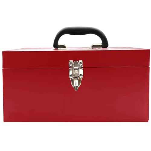 16" Portable Steel Heavy-duty Large Tool Box 18-Gauge Fishing Tackle Box Tool Box Drawer Organizer With Metal Latch and Handle Red
