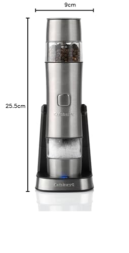 Cuisinart Electric Salt and Pepper Grinder Set Rechargeable Seasoning Mill No Batteries Needed, 20 Min Charging Measuring Cap Adjustable Grind Settings 3 Year Guarantee Silver