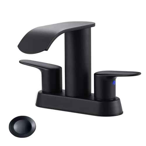 Waterfall Bathroom Faucet 4 Inch Centerset ? WOWOW 2 Handle Matte Black Sink Faucet for 2 or 3 Hole Vanity, Modern Stainless Steel Zinc Alloy with Pop Up Drain and cUPC Hose for Basin
