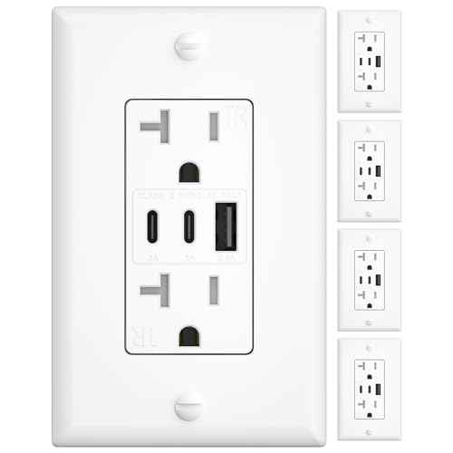 Amico 6.0A USB Outlet 4 Pack, 3-Port 30W Wall Outlets with 2 Type C & 1 Type A, 20 Amp Receptacle Plug, Tamper Resistant Receptacle, Wall Plate Included, ETL Listed, White