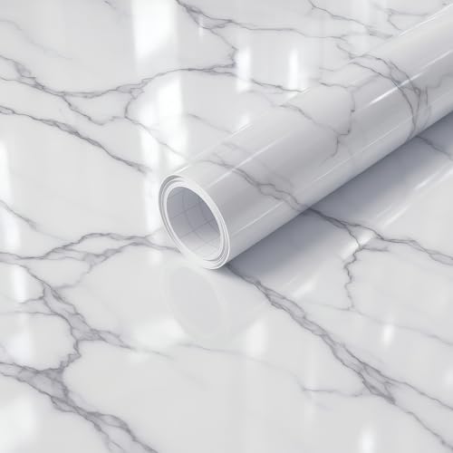White Marble Contact Paper Peel and Stick Vinyl Wallpaper Self Adhesive Removable Waterproof for Countertop Cabinet Table Desk Drawer Furniture (15.7x118 Inch)