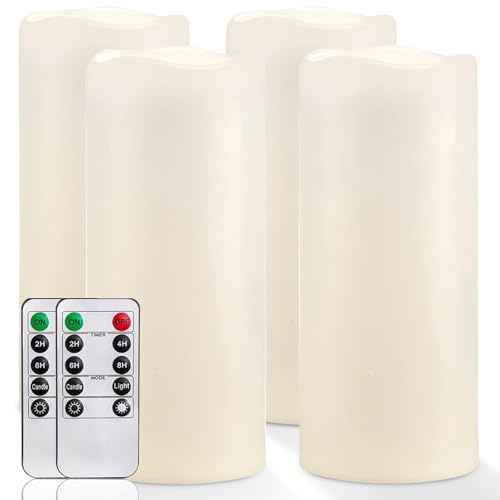 Homemory 10" x 4" Large Waterproof Outdoor Flameless Candles with Remote Control and Timer, Battery Operated Flickering LED Pillar Candles for Outdoor Larterns, Porch, Long Lasting, Set of 4