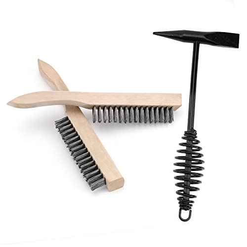 Hynade Welding Hammer with Coil Spring Handle,Wire Brush 9.5 Inch Wood Handle,Cone and Vertical Chisel Welding Chipping Hammer and Welding Slag Metal Rust Removal Scratch Brush